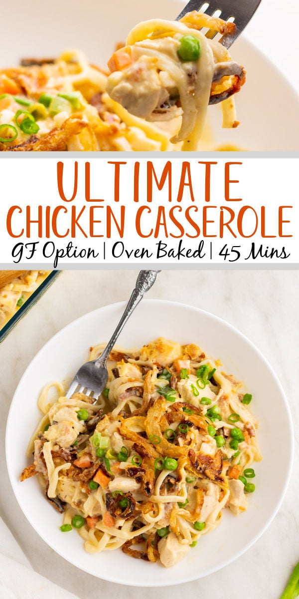 The ultimate chicken casserole says it all in the name. This hearty meal can be made gluten free and has a cook time of only 35 minutes. It's a simple casserole that is easy to customize to suit your taste and is perfect for both a weeknight dinner and meal prep. #casserole #chickencasserole #easydinnerrecipes #30minutemeals #glutenfreerecipes #chickendinner