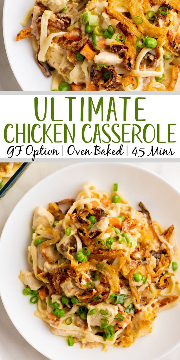 The ultimate chicken casserole says it all in the name. This hearty meal can be made gluten free and has a cook time of only 35 minutes. It's a simple casserole that is easy to customize to suit your taste and is perfect for both a weeknight dinner and meal prep. #casserole #chickencasserole #easydinnerrecipes #30minutemeals #glutenfreerecipes #chickendinner
