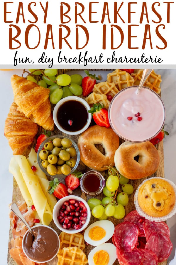 This easy breakfast board is a creative spin on a charcuterie board that works great for family breakfast, brunch, holidays or parties. Breakfast boards are also a great idea for making special days fun for kids. There are no shortage of ways to make them, themes to use or breakfast ingredients to add. This post will give you an easy template to make your own breakfast board. #breakfastboard #easybreakfastboard #breakfastideas #holidaybreakfast #breakfastcharcuterie