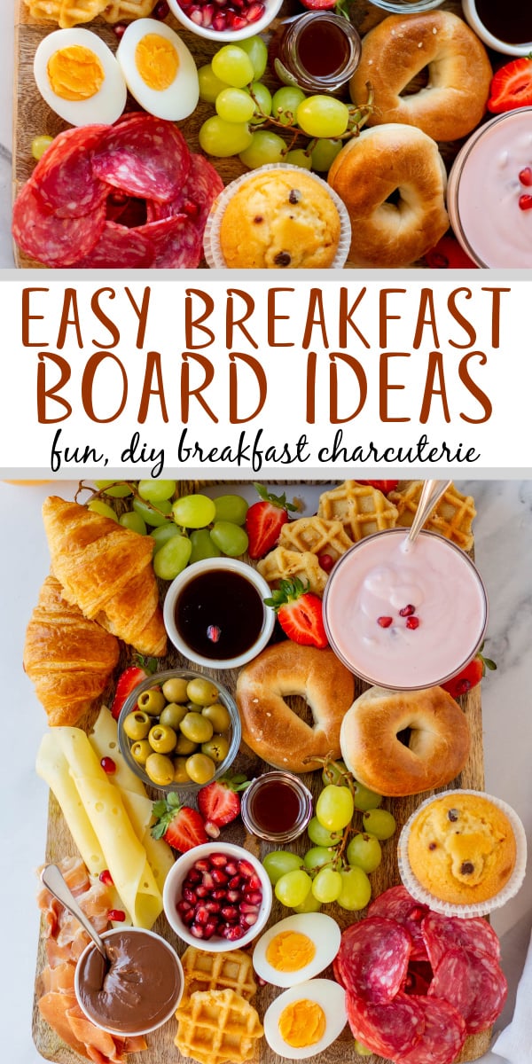 This easy breakfast board is a creative spin on a charcuterie board that works great for family breakfast, brunch, holidays or parties. Breakfast boards are also a great idea for making special days fun for kids. There are no shortage of ways to make them, themes to use or breakfast ingredients to add. This post will give you an easy template to make your own breakfast board. #breakfastboard #easybreakfastboard #breakfastideas #holidaybreakfast #breakfastcharcuterie