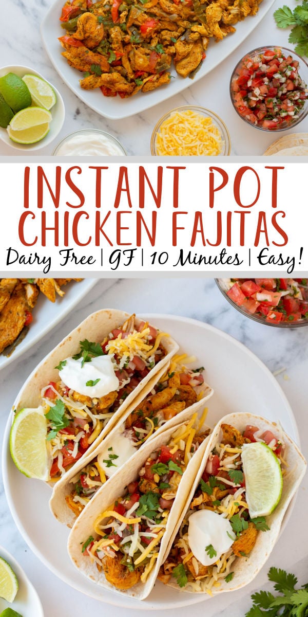 Instant Pot chicken fajitas are the perfect choice for both a quick dinner and for meal prepping. These tasty fajitas are ready in 10 minutes and are dairy free, gluten free, and low carb. The recipe requires only six ingredients and you can customize it to make your perfect fajita. #10minutemeals #glutenfreerecipes #diaryfreerecipes #glutenfreedairyfreerecipes #lowcarbrecipes #instantpotrecipes #chickenfajitas #pressurecookerrecipes #easymealprep