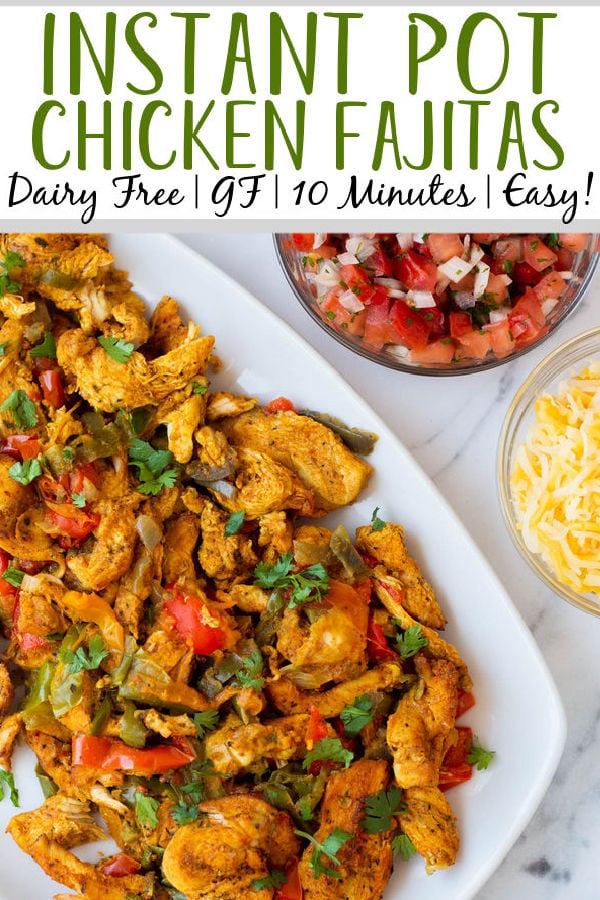 Instant Pot chicken fajitas are the perfect choice for both a quick dinner and for meal prepping. These tasty fajitas are ready in 10 minutes and are dairy free, gluten free, and low carb. The recipe requires only six ingredients and you can customize it to make your perfect fajita. #10minutemeals #glutenfreerecipes #diaryfreerecipes #glutenfreedairyfreerecipes #lowcarbrecipes #instantpotrecipes #chickenfajitas #pressurecookerrecipes #easymealprep