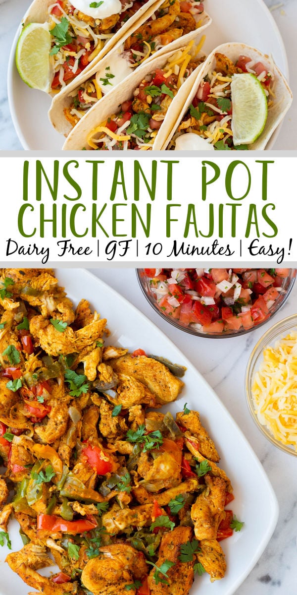 Instant Pot chicken fajitas are the perfect choice for both a quick dinner and for meal prepping. These tasty fajitas are ready in 10 minutes and are dairy free, gluten free, and low carb. The recipe requires only six ingredients and you can customize it to make your perfect fajita. #10minutemeals #glutenfreerecipes #diaryfreerecipes #glutenfreedairyfreerecipes #lowcarbrecipes #instantpotrecipes #chickenfajitas #pressurecookerrecipes #easymealprep