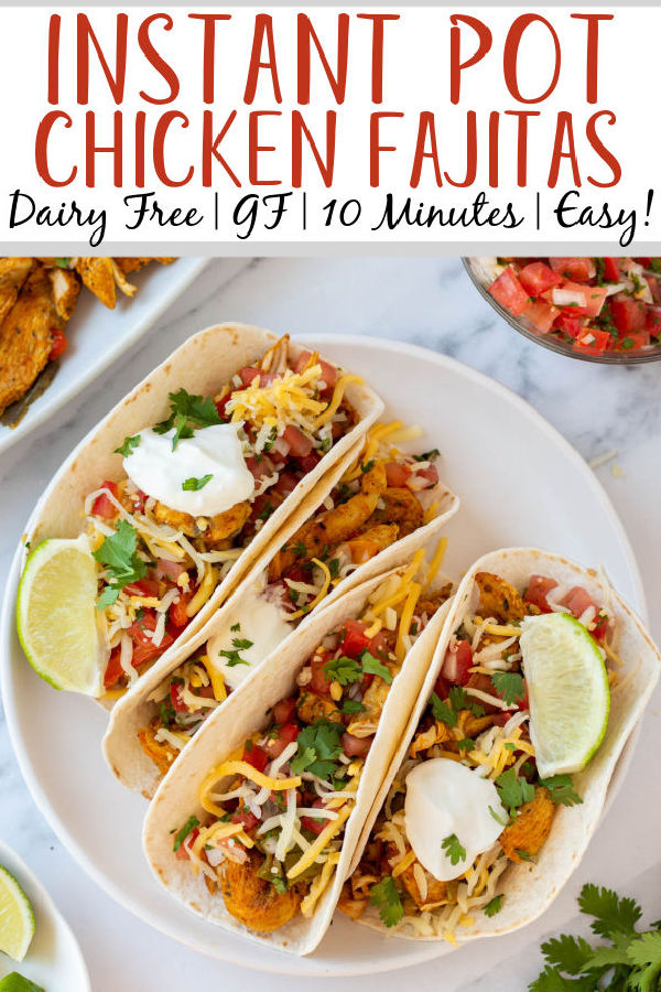 Instant Pot chicken fajitas are the perfect choice for both a quick dinner and for meal prepping. These tasty fajitas are ready in 10 minutes and are dairy free, gluten free, and low carb. The recipe requires only six ingredients and you can customize it to make your perfect fajita. #10minutemeals #glutenfreerecipes #diaryfreerecipes #glutenfreedairyfreerecipes #lowcarbrecipes #instantpotrecipes #chickenfajitas #pressurecookerrecipes #easymealprep